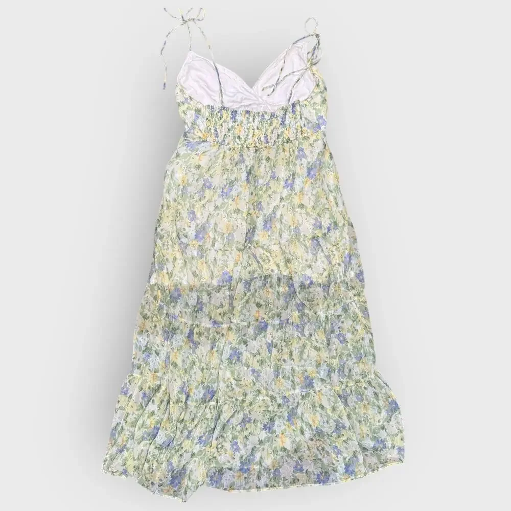 Abercrombie Green Maxi Dress XL Floral Tiered Strappy Resortwear